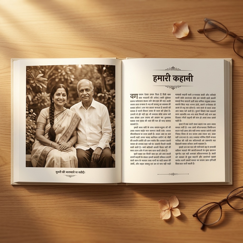 An open Reminology hardcover book showing a family photo and their stories